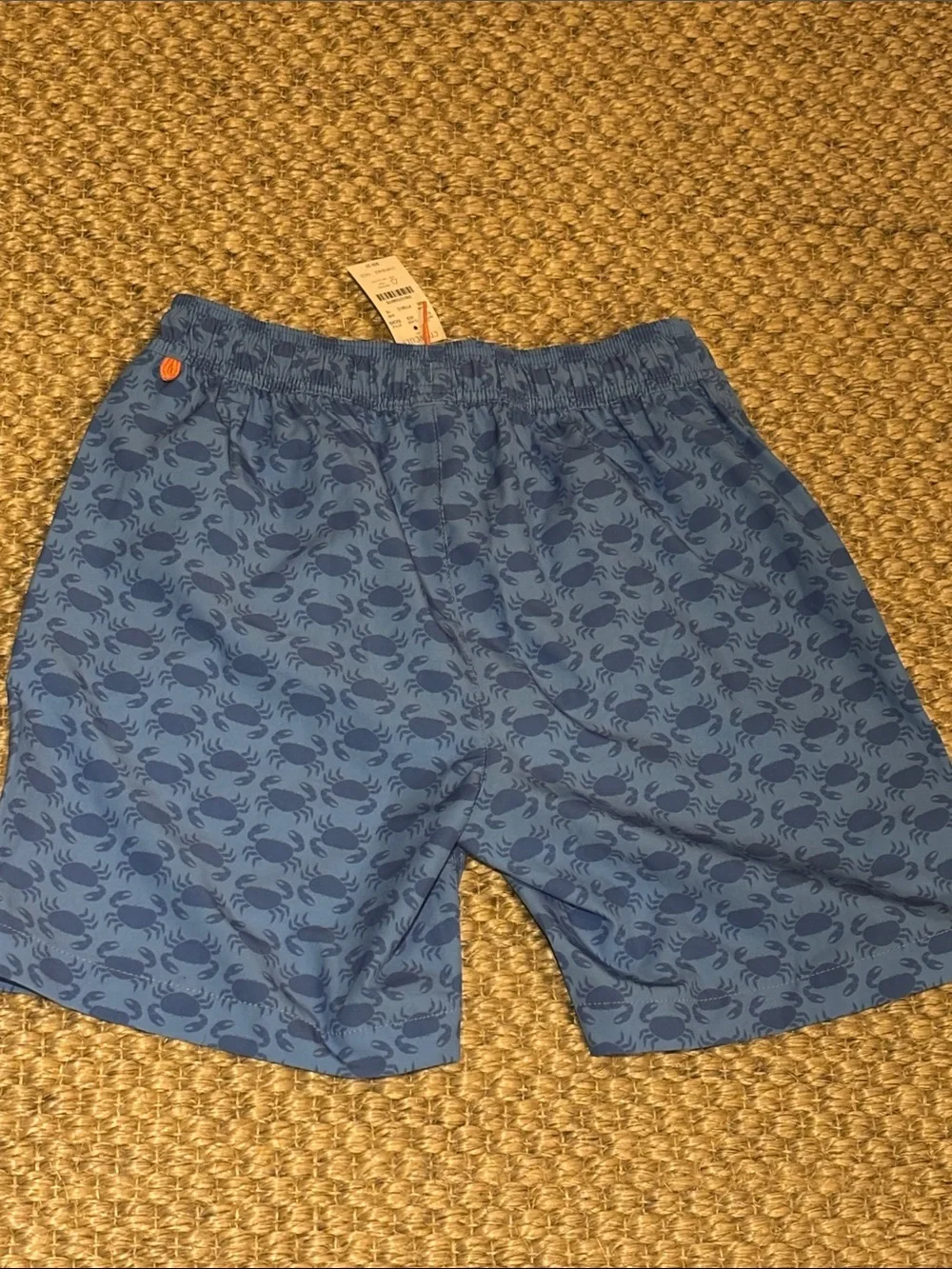 JCrew Blue Crab-Print Swim Trunks with Orange Drawcord